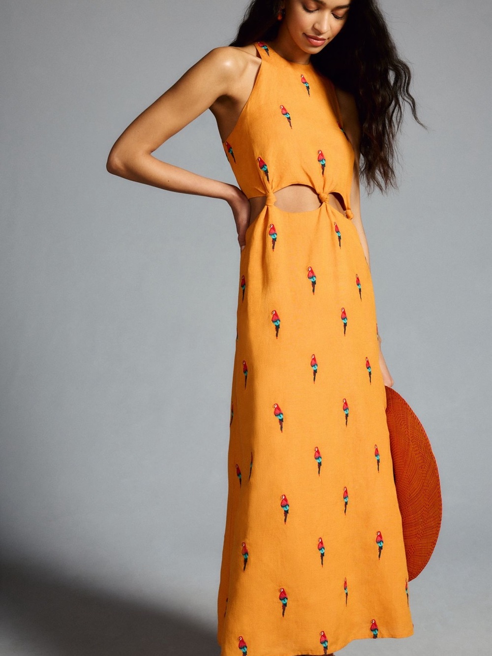 FARM Rio Orange Maxi Dress with Colorful Parrot Embroidery